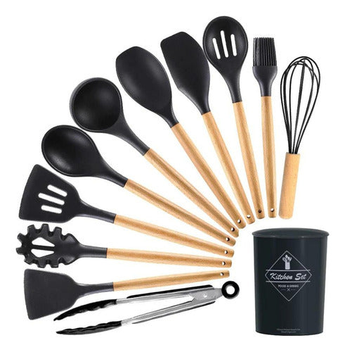 Kit 12 Utensílios De Cozinha Em Silicone E Cabo De Madeira