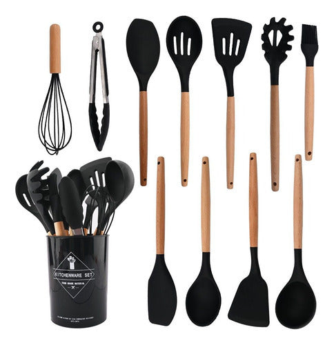 Kit 12 Utensílios De Cozinha Em Silicone E Cabo De Madeira