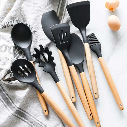 Kit 12 Utensílios De Cozinha Em Silicone E Cabo De Madeira